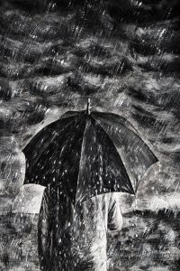 Black and white illustration of a person in the rain.
