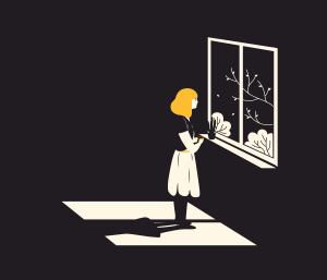 Illustration of a woman standing alone at a window at night, representing the isolation and loneliness of IVF and fertility treatment.