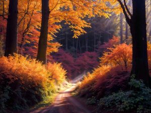 Golden autumn forest path bathed in warm light, representing a quieter. more spacious life after grief and longing.