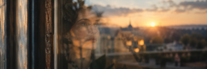 A woman gazing through a window, reflecting on her life and the passage of time.